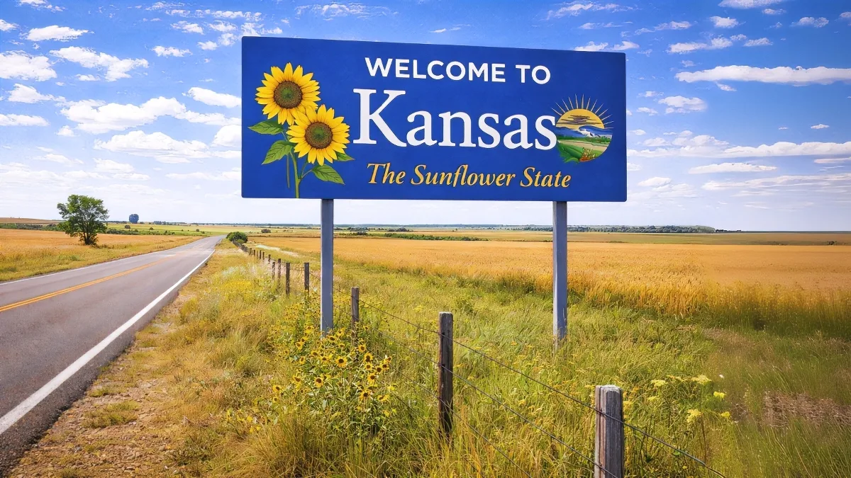 Welcome to Kansas sign along a rural road with barbed wire fence, representing Kansas fence laws and regulations