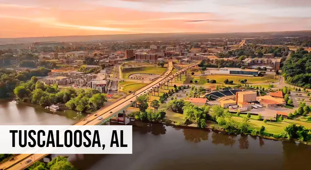 Land Buyers in Alabama – Tuscaloosa, AL Aerial view of Tuscaloosa Alabama where Bubba Land Company buys student housing lots and rural land near the University of Alabama.