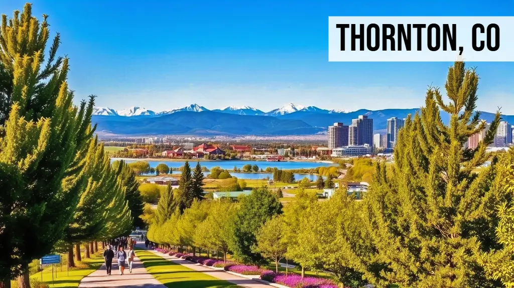 Thornton, Colorado suburban city view with tree-lined paths, open green space, buildings, and mountain backdrop