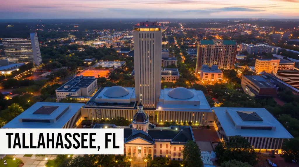 Tallahassee, Florida aerial view of downtown and government buildings with surrounding city area