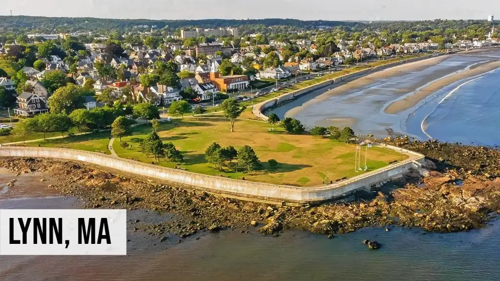 Lynn, Massachusetts aerial coastal view with residential neighborhoods, shoreline, green spaces, and surrounding city