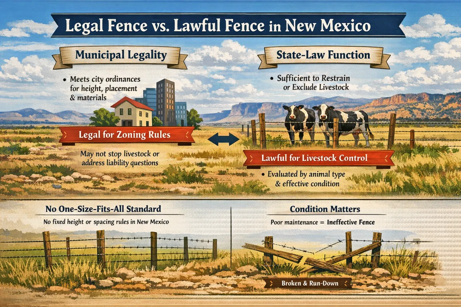 Side-by-side New Mexico fencing infographic explaining the difference between city-legal fences and livestock-effective fences, including maintenance and liability factors.
