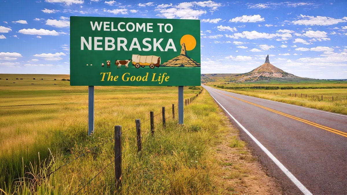 Rural Nebraska roadway with welcome sign and agricultural fencing, reflecting Nebraska fence law issues