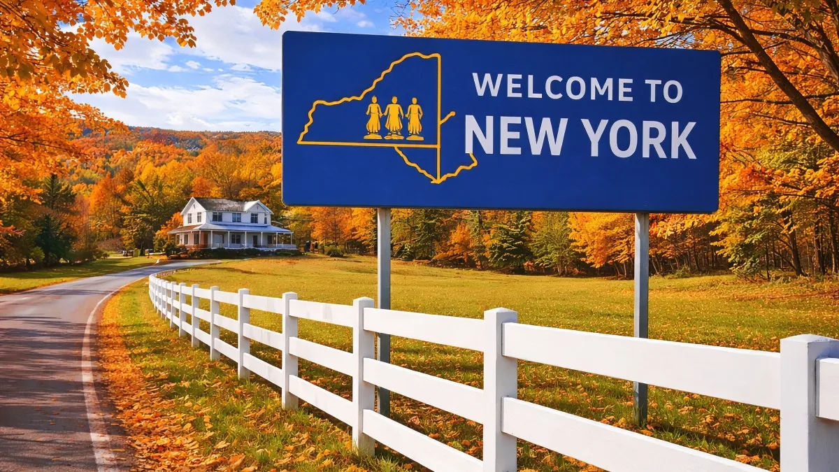 Welcome to New York sign along a rural road with white fence, representing New York fence laws and regulations