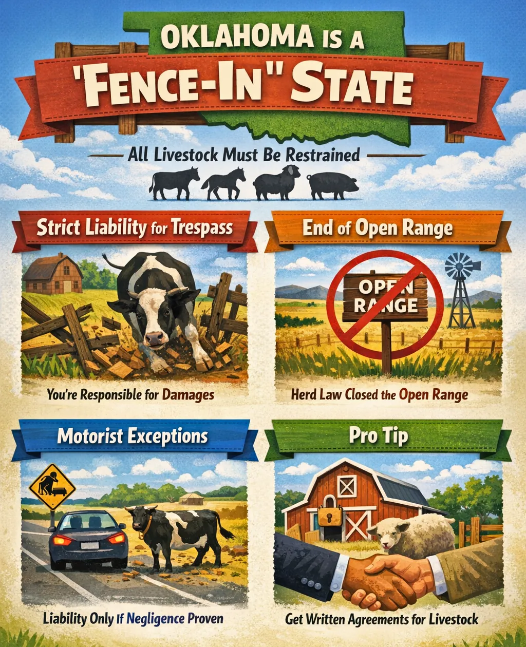 Infographic illustrating Oklahoma as a fence in state where all livestock must be restrained, detailing strict liability for property damage, the end of open range laws, motorist liability exceptions, and the importance of written livestock agreements.