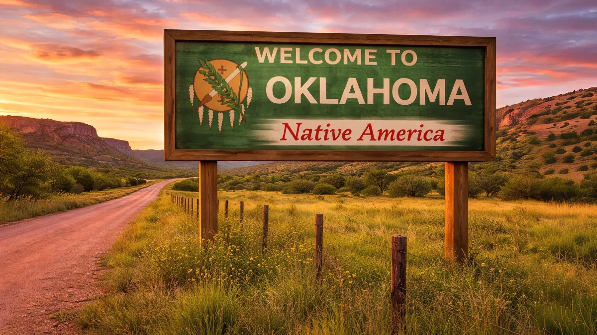 Welcome to Oklahoma sign along a rural road with barbed wire fence, representing Oklahoma fence laws and regulations