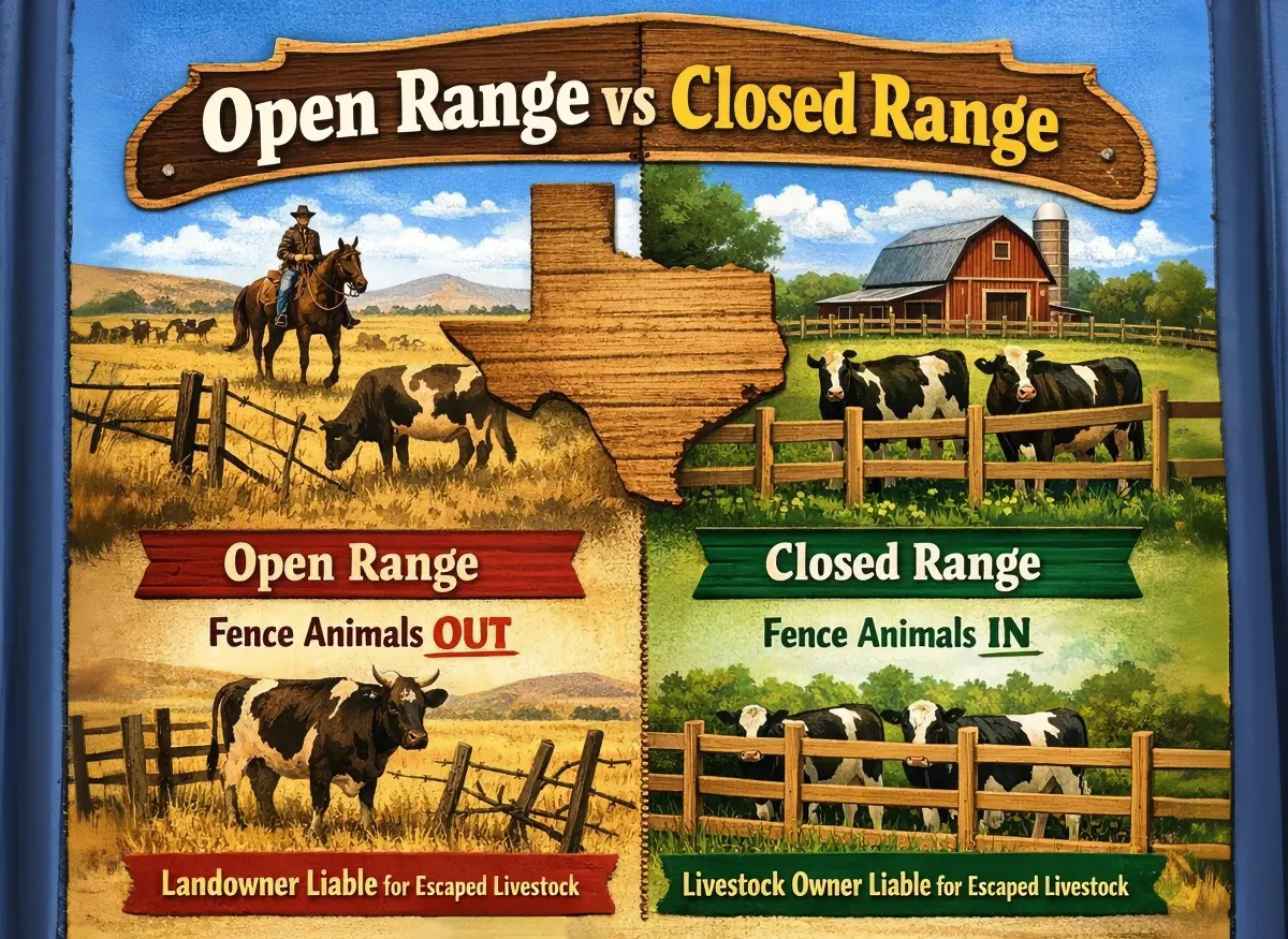 Comparison chart explaining open range versus closed range fence laws in Texas, showing who must fence livestock in or out and who is legally liable when animals escape.
