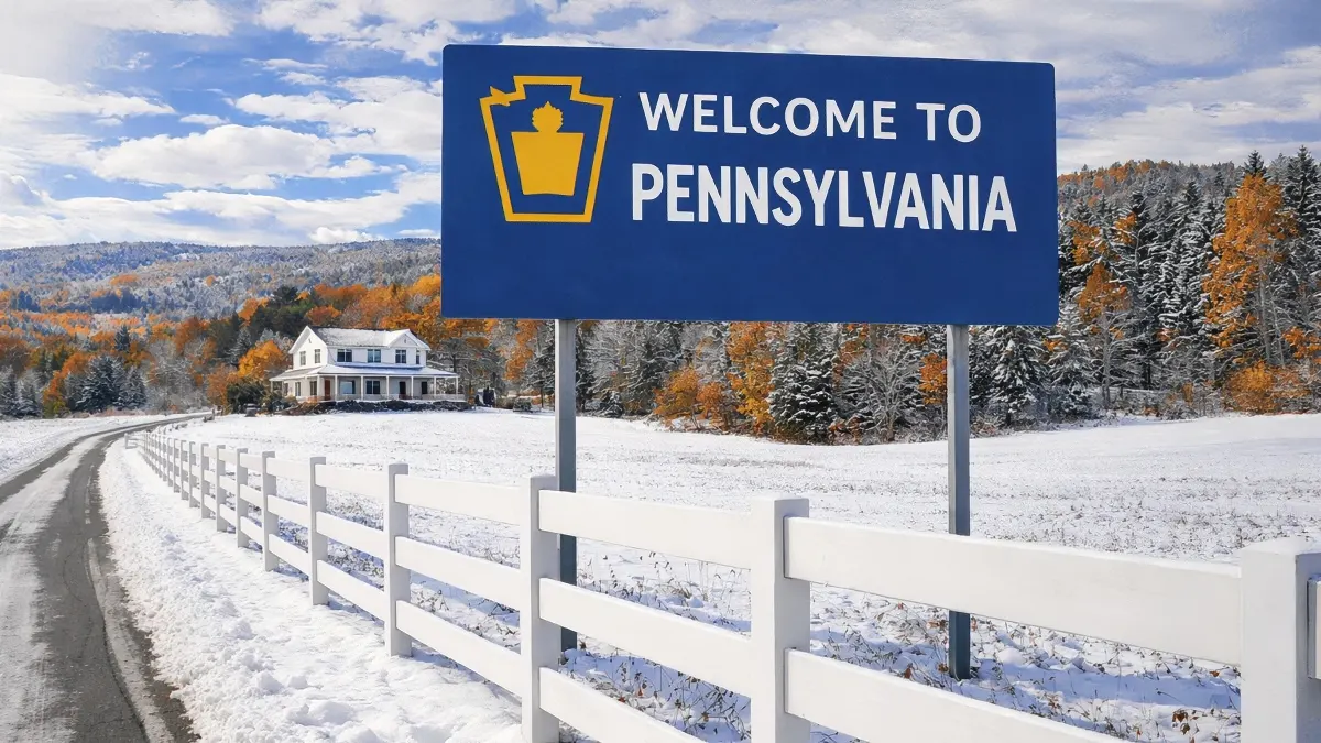 Welcome to Pennsylvania sign along a rural road with white fence, representing Pennsylvania fence laws and regulations