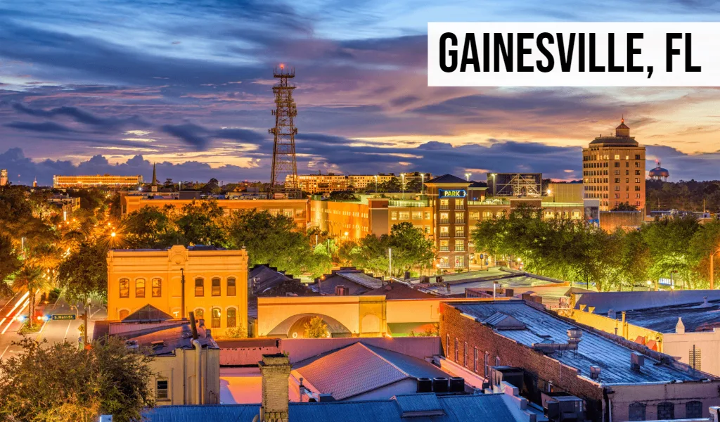 Gainesville, Florida downtown view at sunset with historic buildings and surrounding streets
