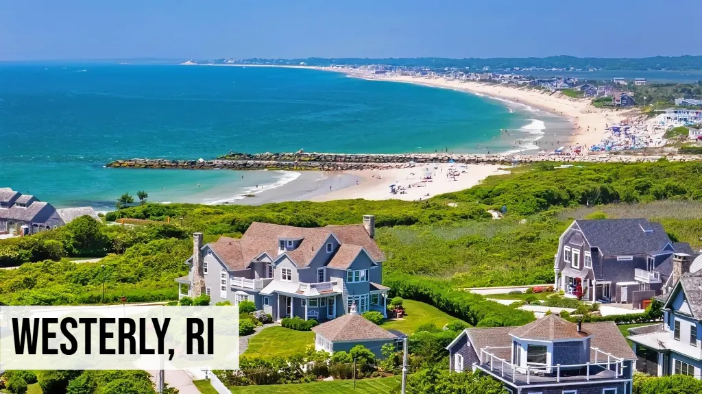 Westerly, Rhode Island coastal neighborhood view with beachfront homes, ocean shoreline, and surrounding area