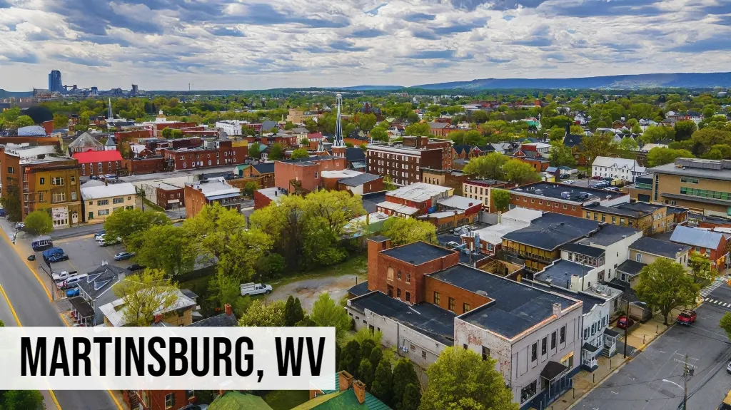 Martinsburg, West Virginia aerial view of downtown streets, historic buildings, and surrounding neighborhoods