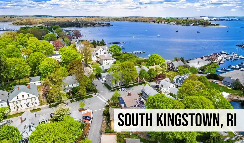 South Kingstown, Rhode Island aerial view of coastal neighborhood with homes, water, green spaces, and shoreline