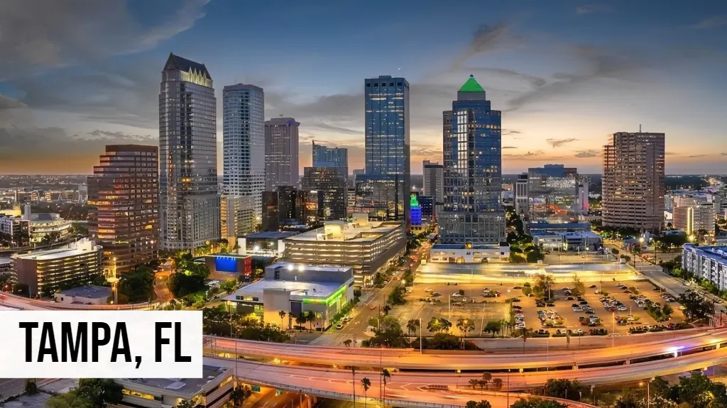 Tampa, Florida skyline with downtown buildings, highways, and surrounding urban development
