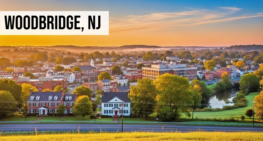 Woodbridge, New Jersey suburban town view with residential homes, trees, streets, and surrounding neighborhood