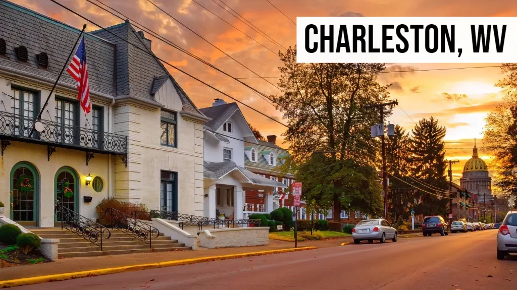 Charleston, West Virginia downtown street view with historic buildings, fall foliage, and surrounding city area
