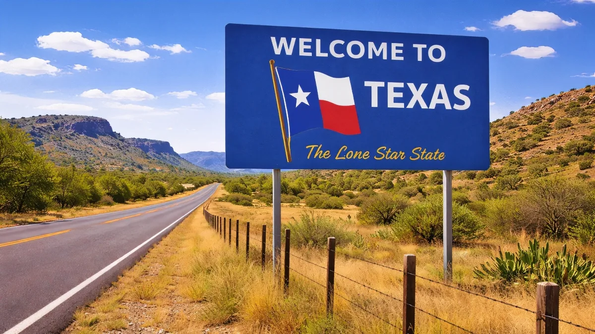 Welcome to Texas sign along a rural road with barbed wire fence, representing Texas fence laws and regulations