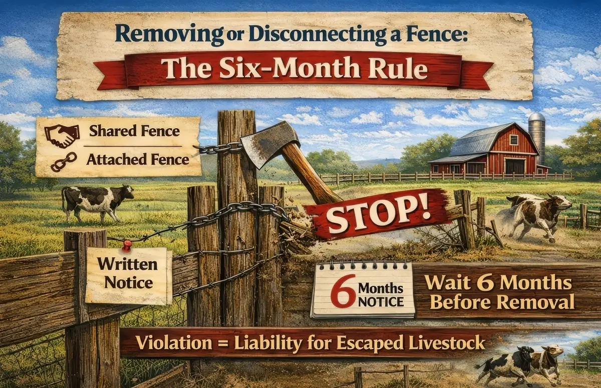 Illustration explaining Texas’ six-month notice requirement for removing or disconnecting a shared or attached fence, showing written notice, waiting period, and liability if livestock escapes.