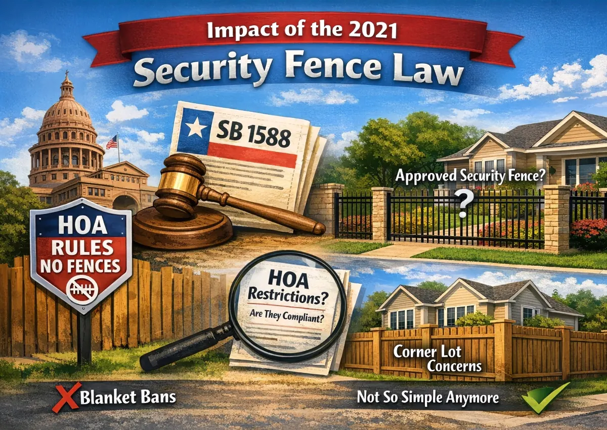 Illustration showing the impact of Texas Senate Bill 1588 on HOA fence rules, highlighting security fences, front yard fencing disputes, and limits on blanket HOA fence bans.
