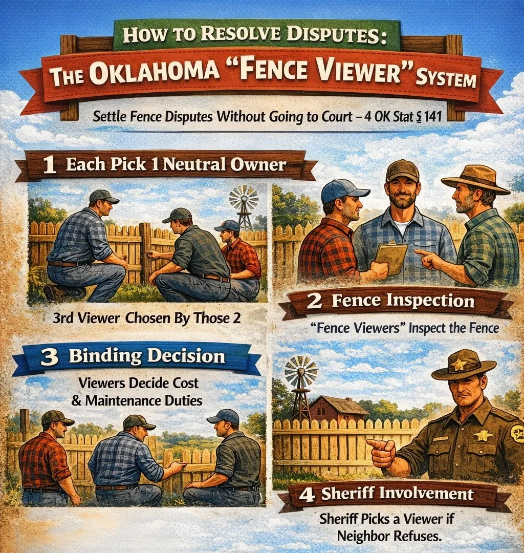Infographic outlining the Oklahoma Fence Viewer system under 4 OK Stat 141, showing the four step process to resolve neighbor boundary disputes out of court by selecting neutral fence viewers to make binding decisions on costs and maintenance.