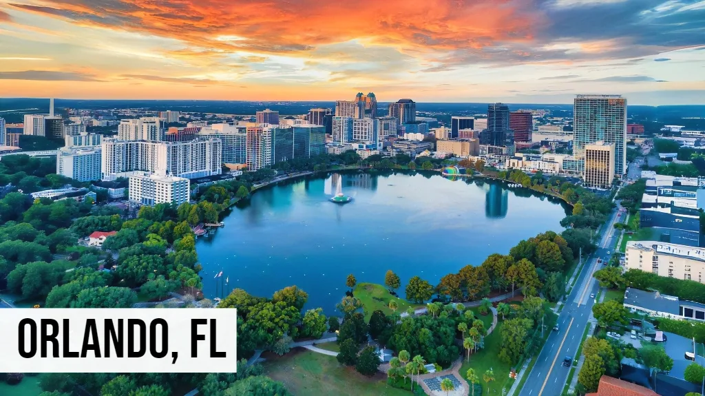 Orlando, Florida aerial view of downtown with lakes, high-rise buildings, and surrounding neighborhoods