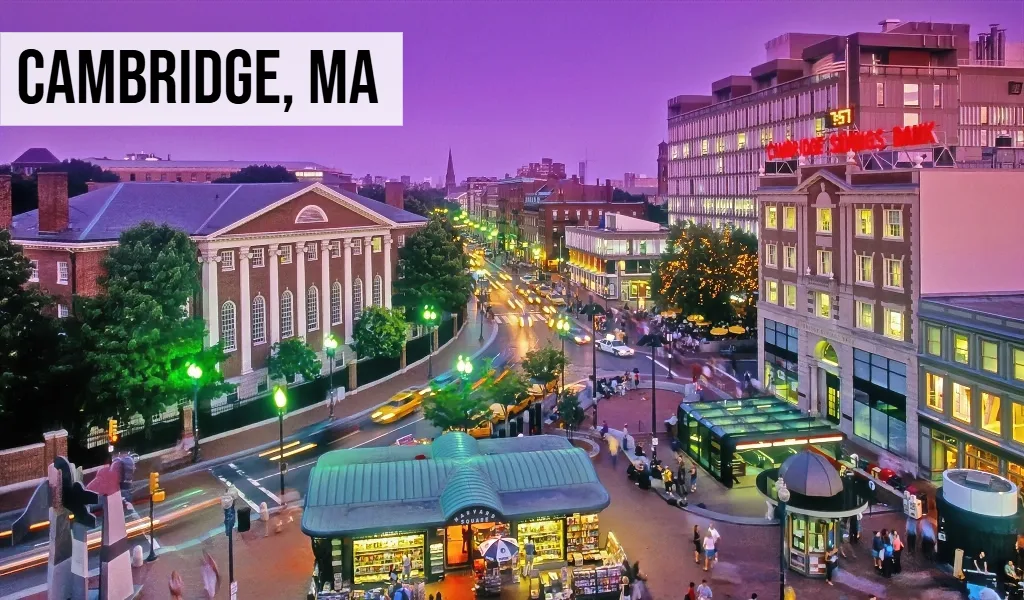Cambridge, Massachusetts evening cityscape with historic buildings, streets, and surrounding urban neighborhood