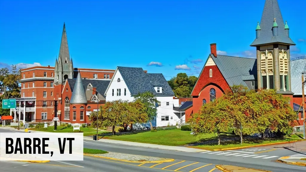Barre, Vermont town center view with historic buildings, church structures, streets, and surrounding neighborhood