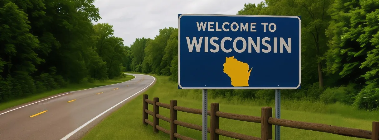 Welcome to Wisconsin roadside sign along rural highway representing Wisconsin fence laws and property regulations