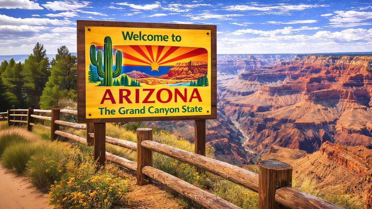 Welcome to Arizona state sign along along the Grand Canyon with desert landscape and wooden fence, commonly associated with Arizona fence laws and