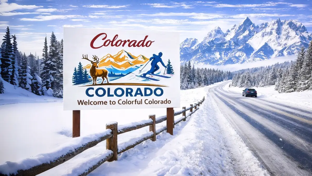 Colorado welcome sign near a rural fence and mountain highway, representing Colorado fence laws and landowner responsibilities