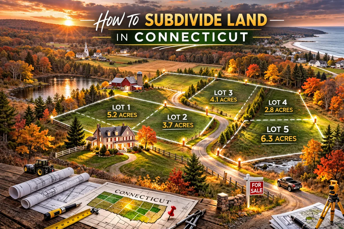 Aerial view of rural Connecticut land subdivided into multiple residential lots with boundary lines and survey tools.