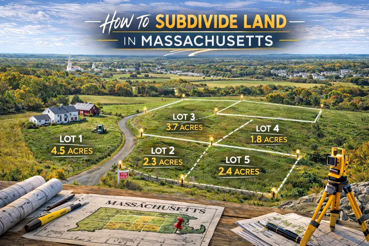 Massachusetts farmland divided into residential lots with visible parcel lines and subdivision planning layout.