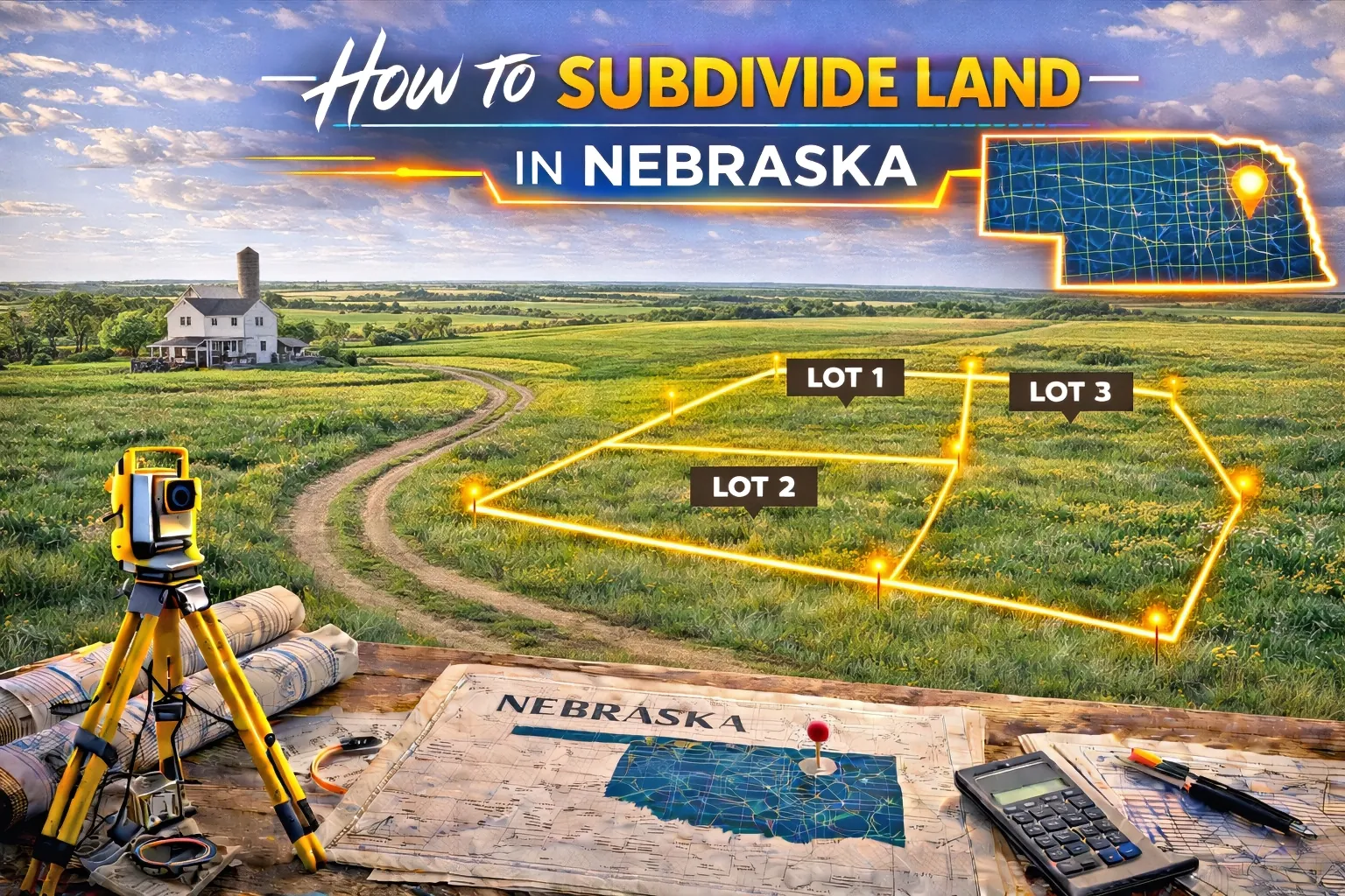 Open Nebraska plains with surveyed parcels outlined for subdivision across farmland, representing rural property development and land buying opportunities.