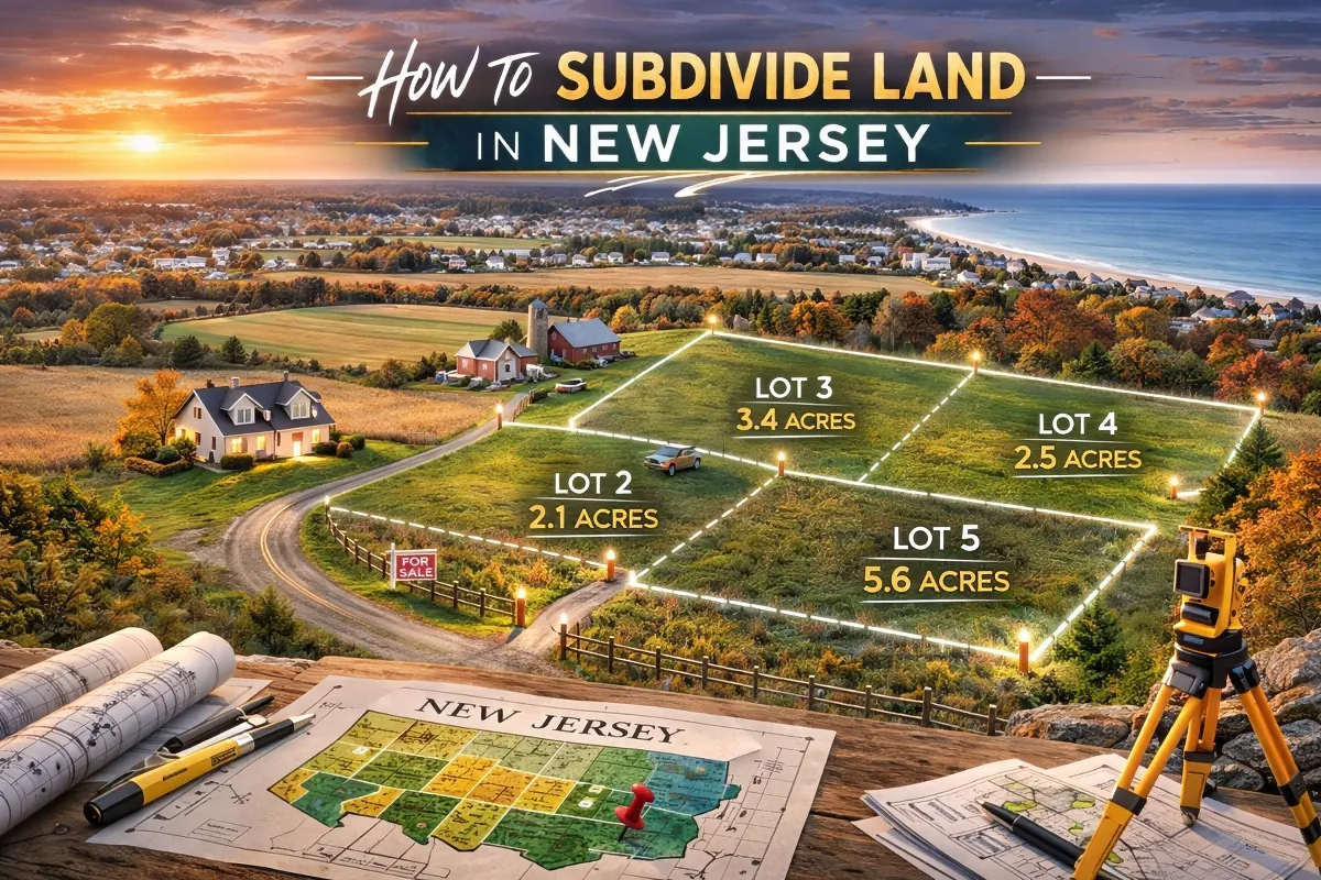 Example layout of subdividing property in New Jersey showing parcel splits and acreage labels.