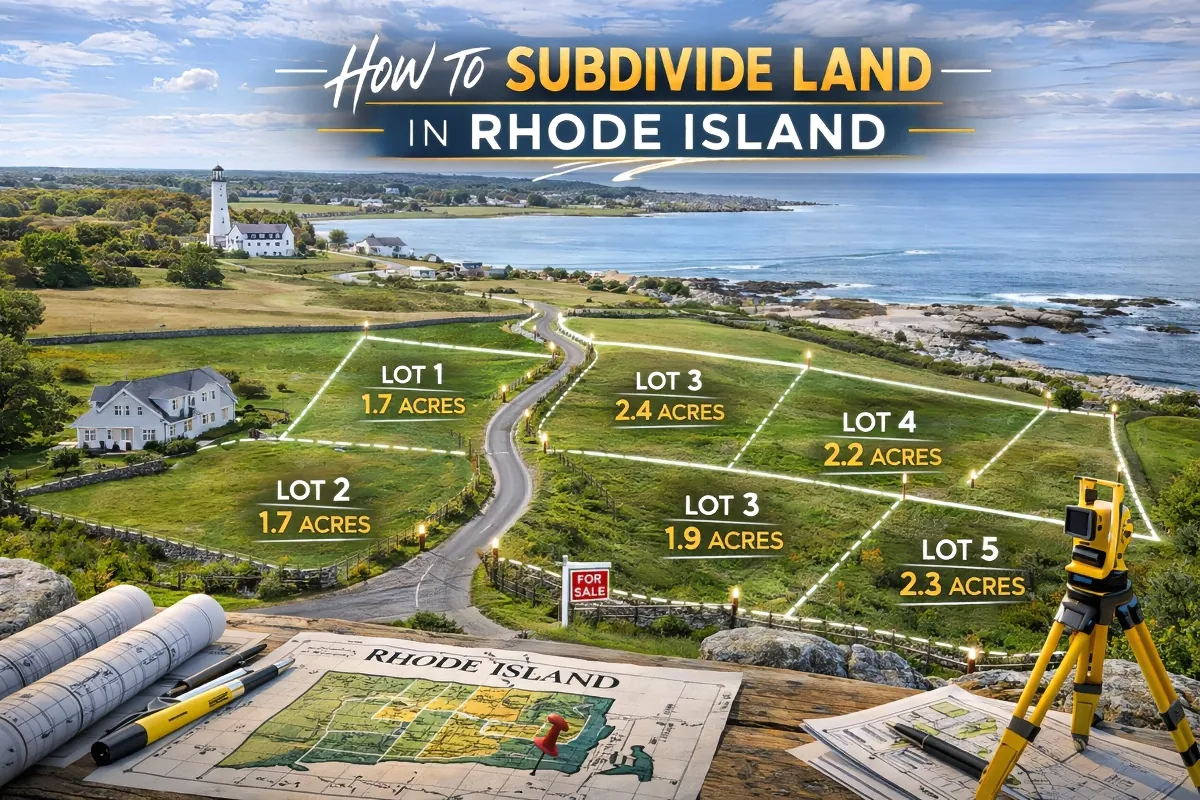 Coastal Rhode Island property divided into multiple buildable lots with marked boundaries and survey equipment.