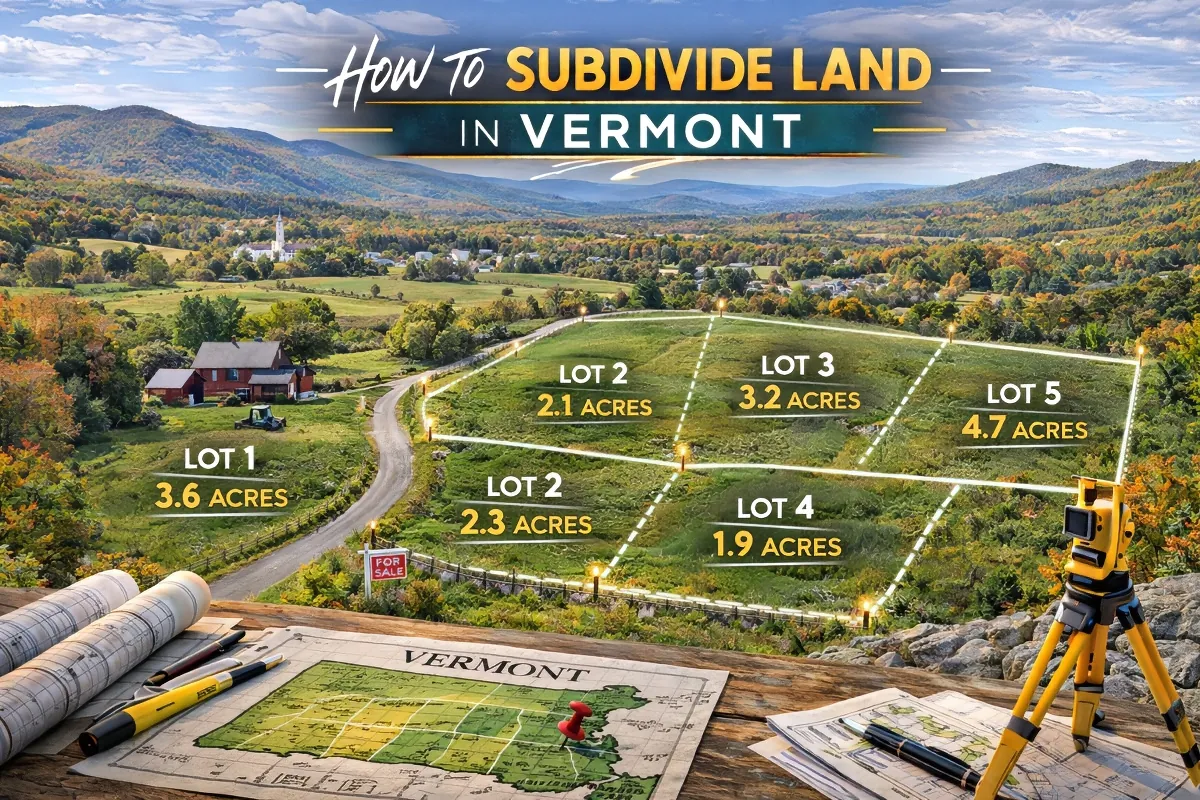 Rural Vermont land in the Green Mountains split into multiple acreage parcels with marked boundary lines.
