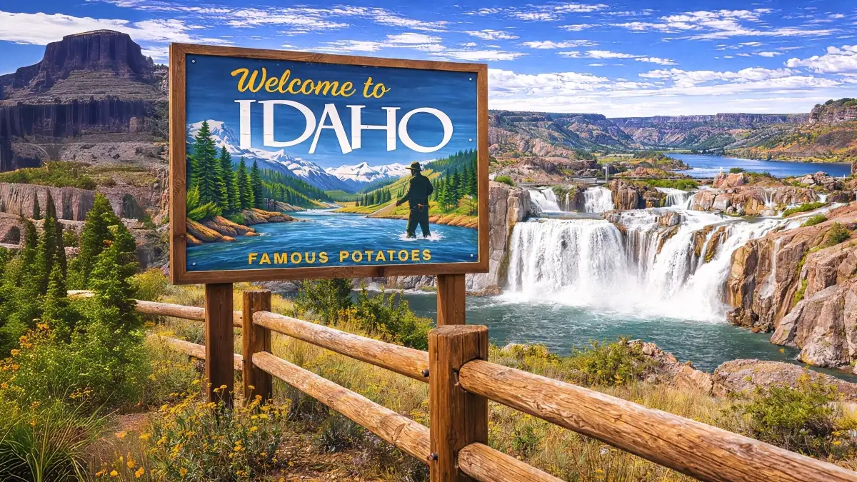 Welcome to Idaho roadside sign with a scenic mountain and waterfall landscape, featuring a wooden split-rail fence in the foreground, commonly associated with Idaho fence laws