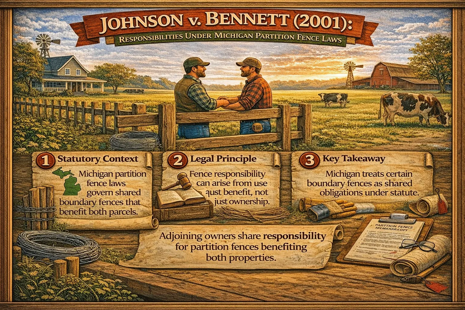 Michigan partition fence law infographic showing shared responsibility between neighboring landowners for boundary fences that benefit both properties.