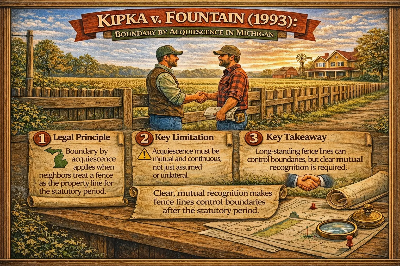 Michigan boundary by acquiescence example showing neighboring landowners agreeing to a fence line as the property boundary after long-term mutual recognition.