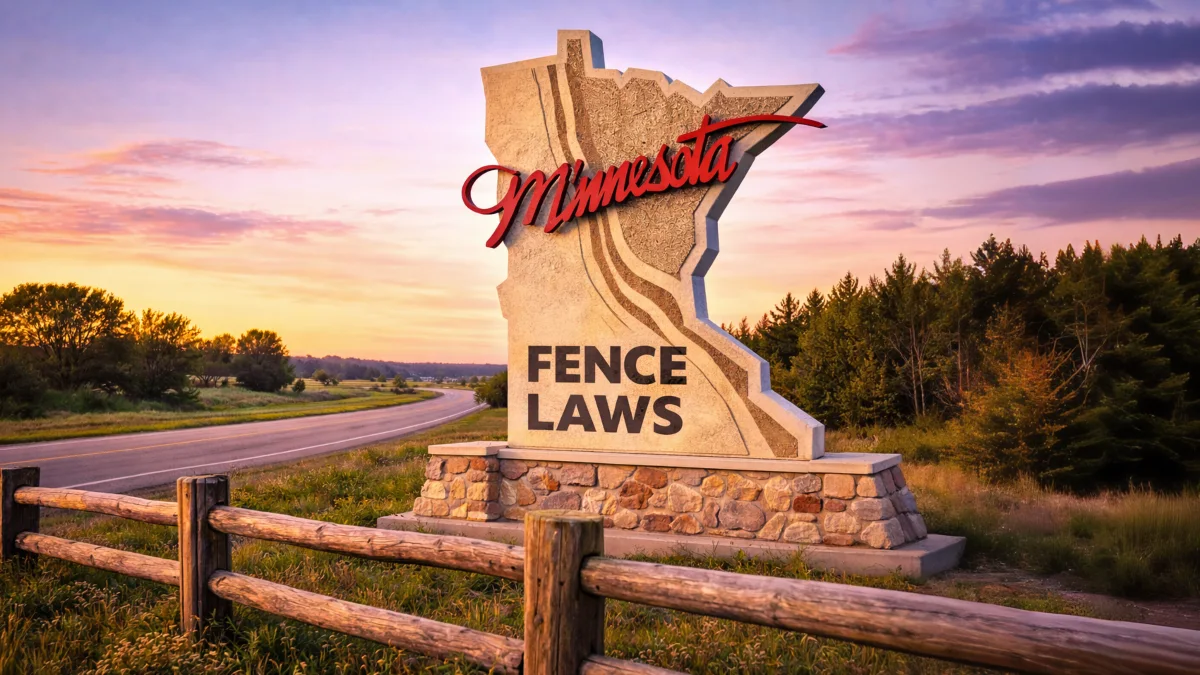 Welcome to Minnesota roadside sign with wooden partition fence and highway at sunset representing Minnesota fence laws.