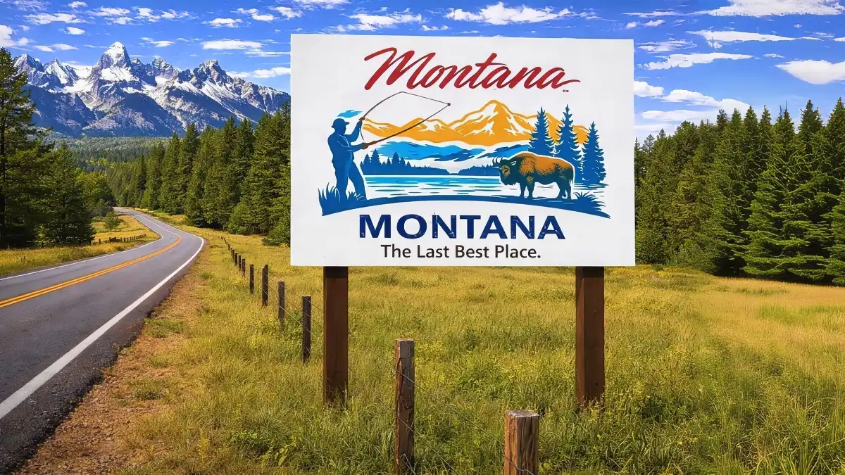 Montana welcome sign along a rural highway, representing land ownership and Montana fence laws
