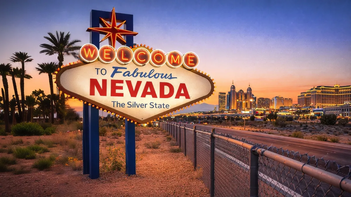 Welcome to Fabulous Nevada sign at sunset with Las Vegas skyline and roadside chain-link fence, representing Nevada fence laws and property boundary rules.