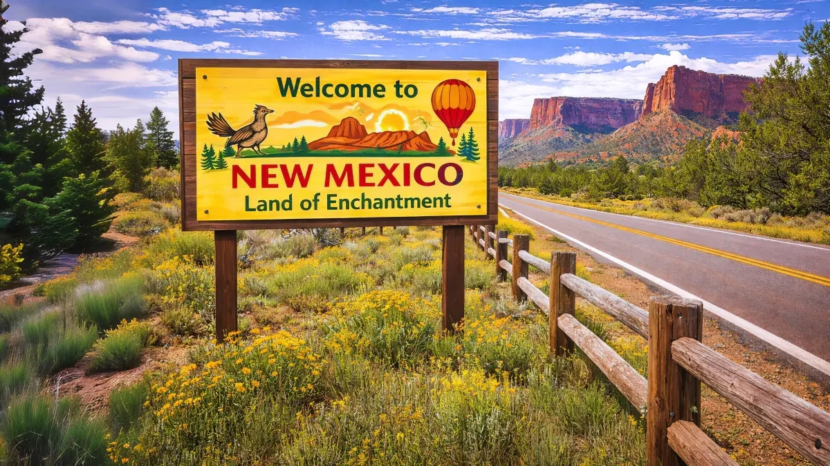 Welcome to New Mexico state sign along a rural highway with desert landscape and wooden fence, commonly associated with New Mexico fence laws and open range land rules