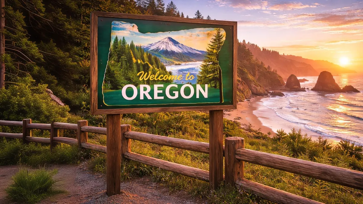 Welcome to Oregon sign overlooking the Pacific coastline at sunset, featuring forested cliffs, ocean waves, and iconic sea stacks—capturing the natural beauty of Oregon land and property.