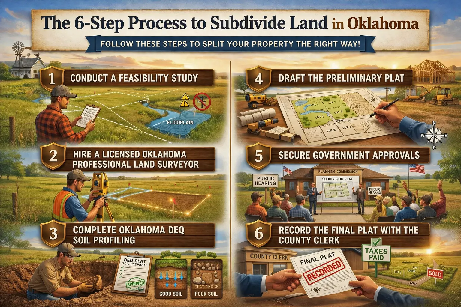 Step-by-step Oklahoma land subdivision process illustrated across rural acreage, from feasibility study to final county recording of new lots.