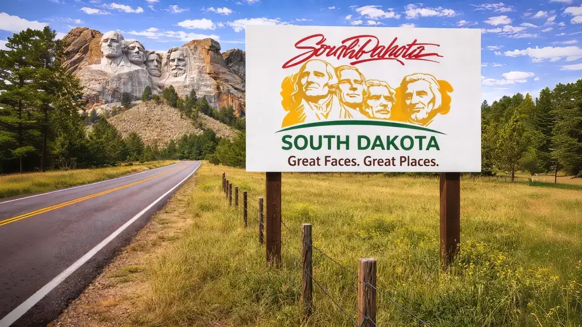 Rural South Dakota roadway with welcome sign and agricultural fencing, reflecting South Dakota fence law issues