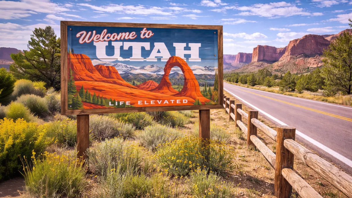 Welcome to Utah roadside sign with red rock desert landscape, highway, and wooden fence along the road, commonly associated with Utah fence laws