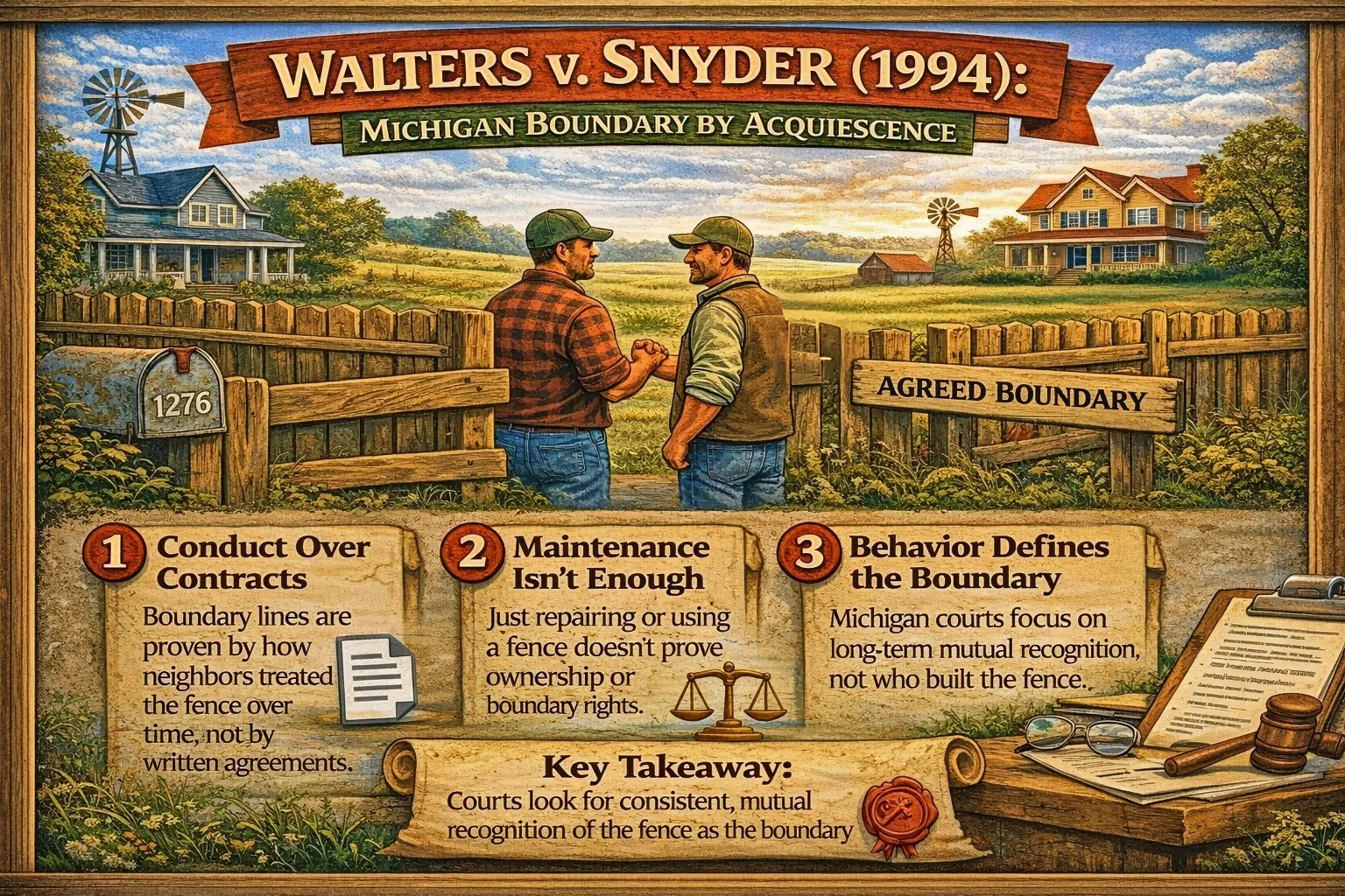 Michigan fence boundary dispute illustration showing how long-term use and neighbor behavior—not written agreements—determine property lines under acquiescence law.