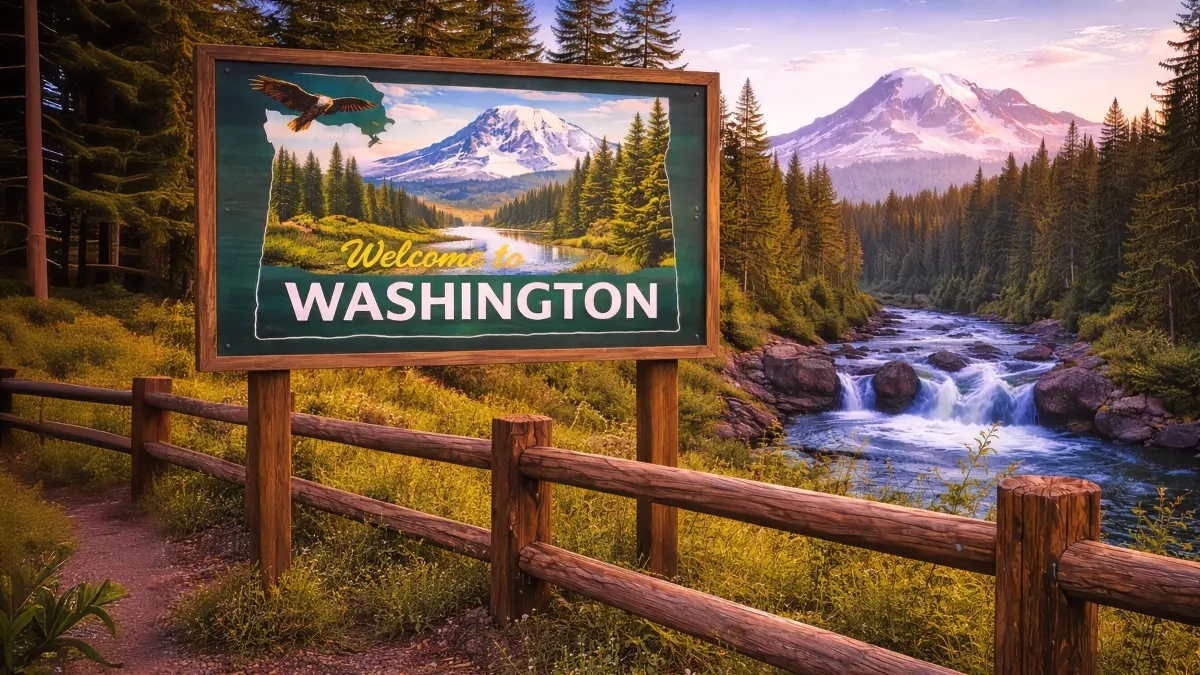 Welcome to Washington sign near forest river and mountain landscape, symbolizing Washington property and fence laws.