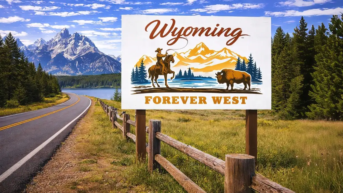 Wyoming Forever West roadside sign with mountains, open land, and a wooden fence, illustrating rural property boundaries and Wyoming fence law considerations