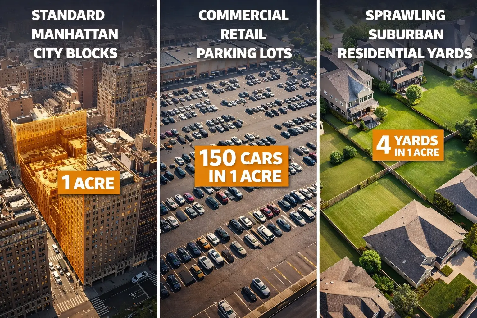 Aerial comparison of one acre visualized as half a Manhattan city block, 150-car commercial parking lot, and four quarter-acre suburban residential yards combined.